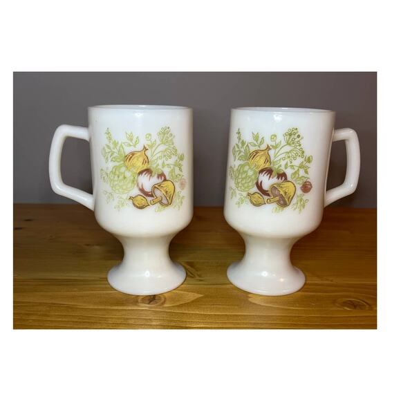 Vintage Milk Glass Coffee Cups Pedestal Mushroom Vegetable Pattern 2 Cups - Picture 2 of 7